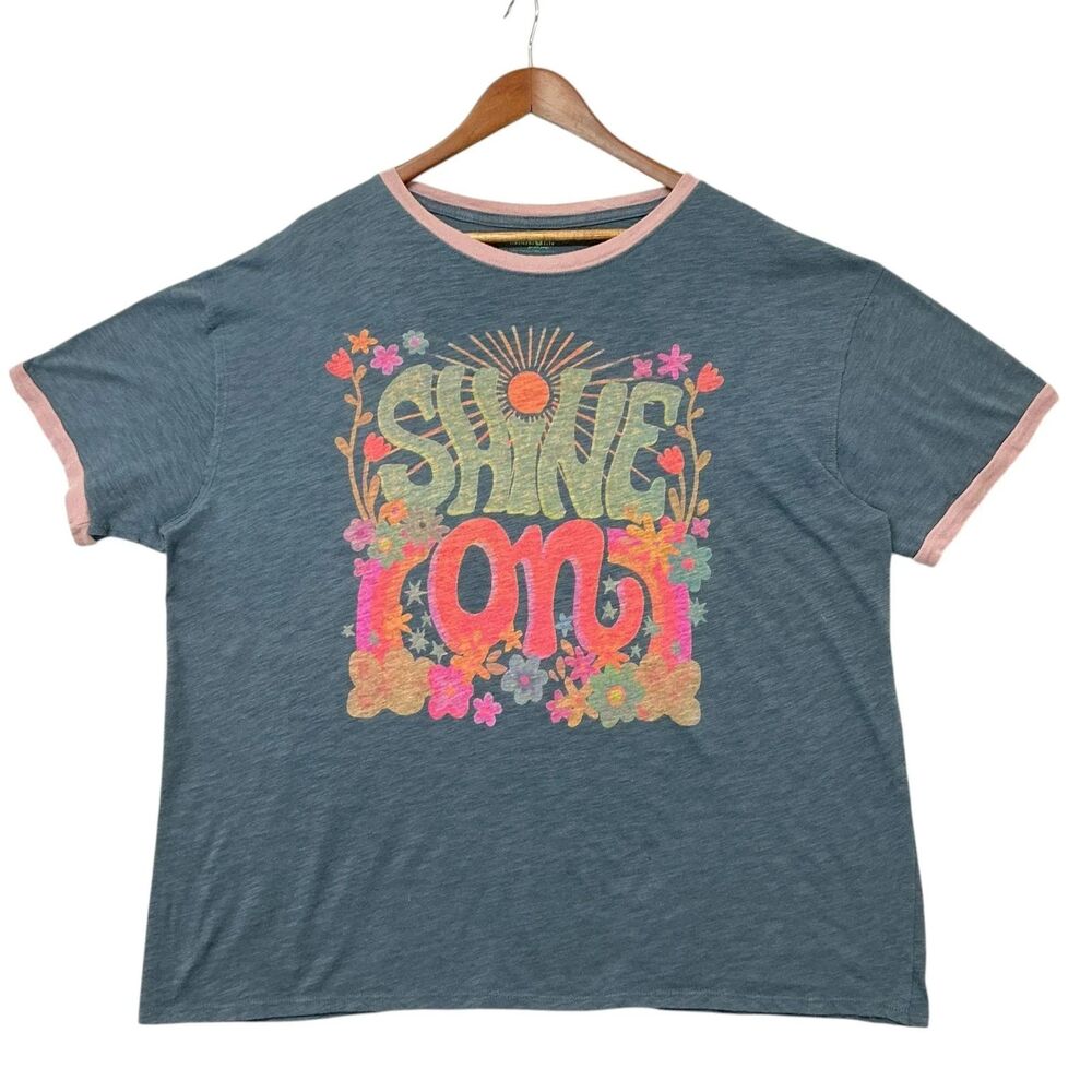 Natural Life Ringer Tee Shirt Womens M Shine On BOHO Oversized Retro Charcoal